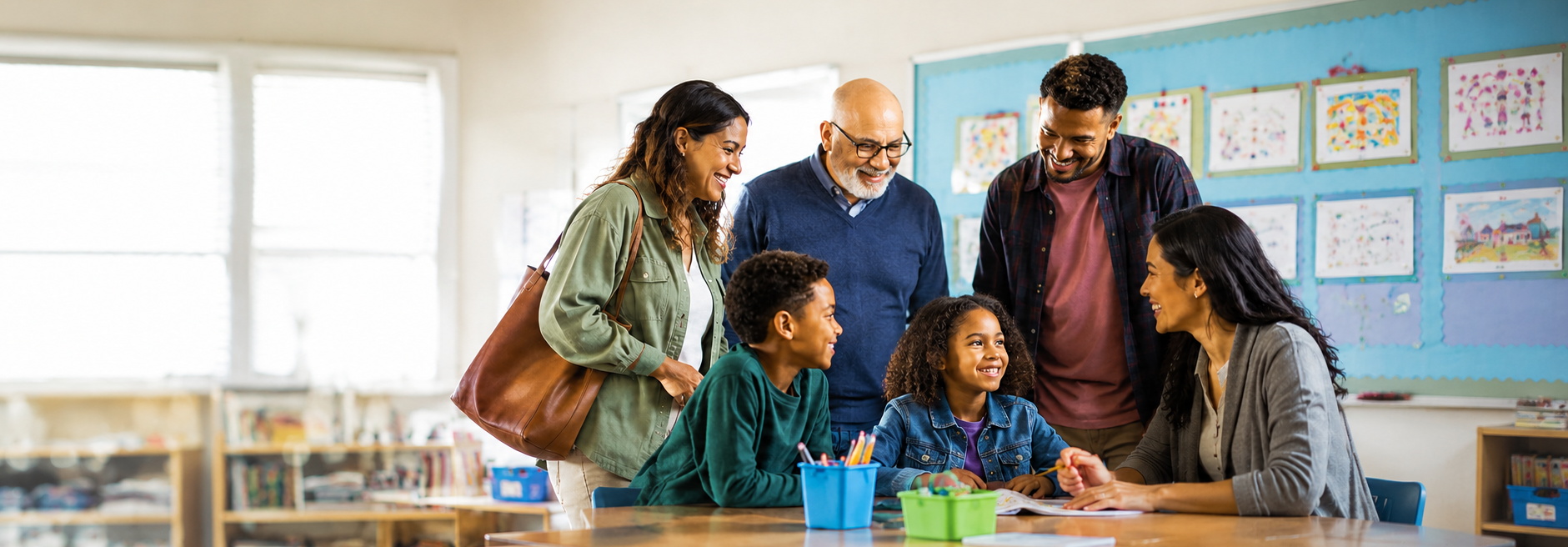 family and children at a table in a school room