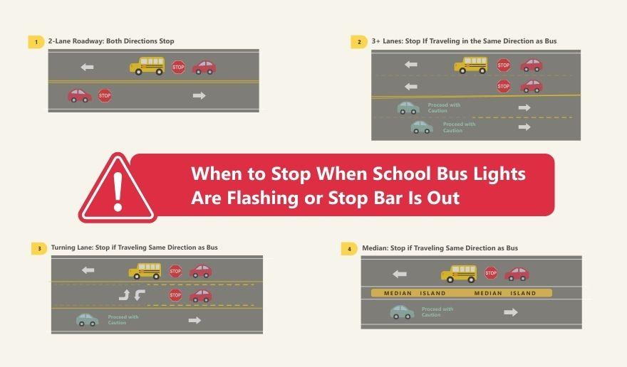 Illustrations of school buses on a road with text