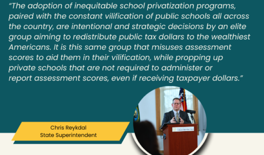 superintendent speaking at a podium with text above