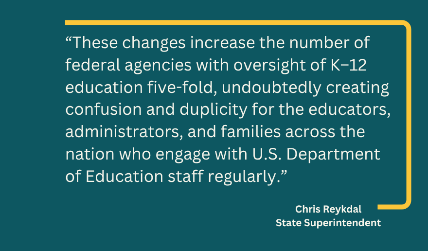 These changes increase the number of federal agencies with overight of K–12 education five-fold, undoubtedly creating confusion and duplicity for the educators,  administrators, and families across the nation who engage with U.S. Department of Education staff regularly. Chris Reykdal State Superintendent
