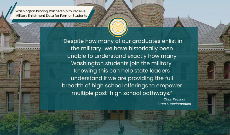 OSPI building with text of Superintendent's quote