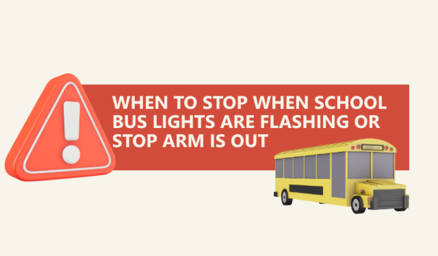 exclamation mark and text in box with illustration of school bus