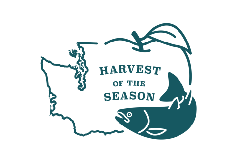 Harvest of the season logo with outline of Washington state and a salmon
