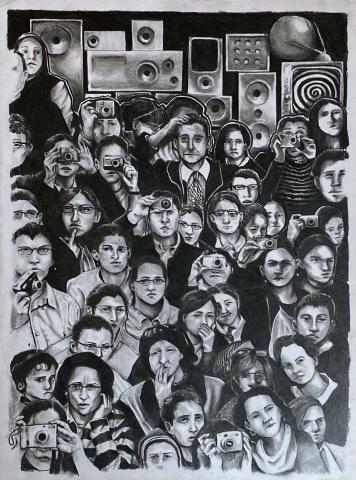 A black and white illustration depicts a large group of people, each holding a camera and taking photographs. The background is filled with various speakers and sound equipment.