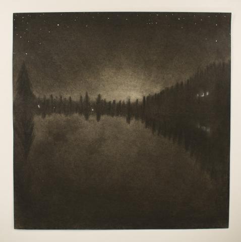 A monochromatic image of a serene lake at night, surrounded by trees. The sky is dotted with stars, and the still water reflects the silhouettes of the trees and the starry sky above.