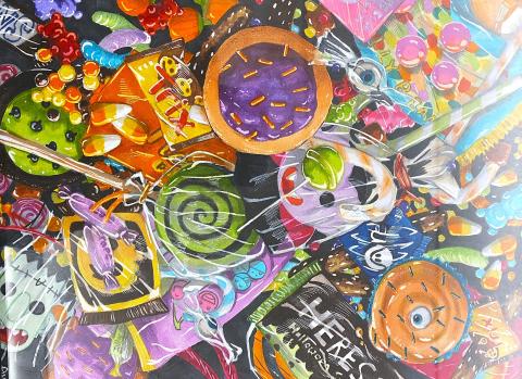 A vibrant and colorful artwork depicting an assortment of various candies and sweets. 