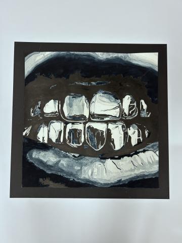 A monochromatic painting or drawing of a close-up view of a person's mouth, focusing on the teeth and lips.