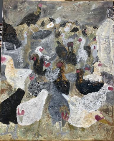 A painting depicting a flock of chickens in various colors, including white, black, and gray