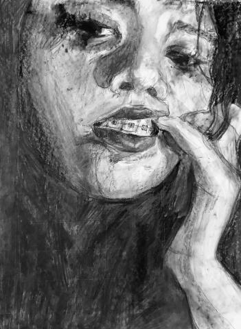 A grayscale artwork featuring a girl's portrait. The central focus is on the person's braces, their pinky finger pulling their upper lip to show them.