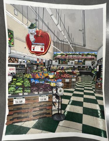 A detailed and colorful depiction of the interior of a grocery store. The store is filled with various fruits and vegetables neatly arranged in wooden crates and shelves. There is a large, whimsical apple character with glasses and a hat hanging from the ceiling, adding a playful element to the scene. The floor has a green and white checkered pattern, and there are price signs visible on some of the produce