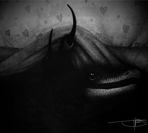 A grayscale artwork depicting a large, dark creature with a single visible eye and two prominent horns emerging from under a bed.