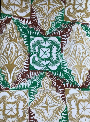 The artwork features a complex, symmetrical pattern with repeating motifs in green, brown, and gold. The design includes abstract shapes resembling animals and geometric forms, creating an intricate tapestry-like effect.