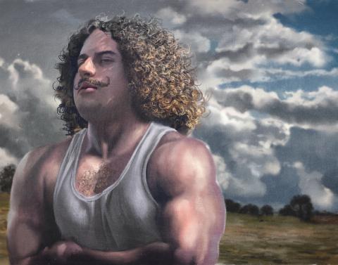 A muscular person with curly hair standing outdoors against a backdrop of a cloudy sky. The person's face is obscured, and they are wearing a white tank top. The background features an open field with some trees in the distance.