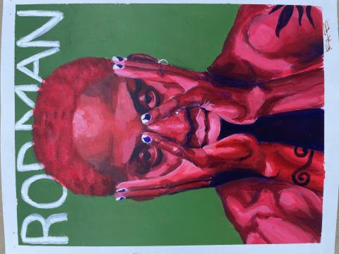 A vibrant painting of a person with red hair and skin, covering part of their face with their hands. Their nails are painted white with blue tips, and they have black tattoos on their arms. The background is green with "RODMAN" written in white capital letters at the top.