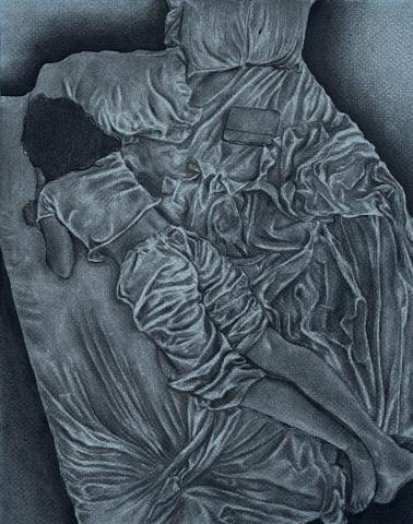 The artwork is a grayscale image of a person lying face down on a bed with rumpled sheets and two pillows. The person is positioned on the left side, with arms and legs extended.