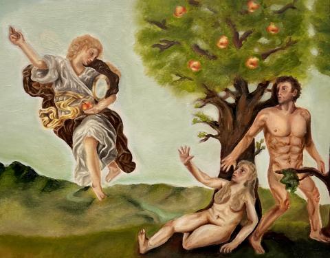 The artwork depicts a scene from the biblical story of Adam and Eve. An angel with flowing robes and a raised arm appears to be expelling Adam and Eve from the Garden of Eden. Adam stands naked, holding a branch, while Eve sits on the ground reaching out towards the angel. 