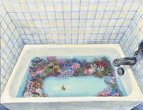 The artwork features a bathtub filled with clear water and colorful coral reefs along the edges. The corals are vibrant in shades of pink, red, blue, green, and yellow. There is a small fish swimming near the center of the tub. The background consists of light blue and white tiled walls.