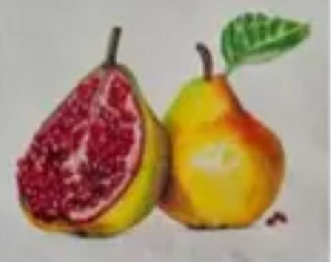 The artwork is a realistic drawing of two pears, one of which is cut in half to reveal the inside filled with pomegranate seeds. The whole pear has a green leaf attached to its stem.