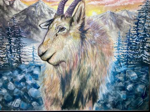 The artwork is a detailed painting of a mountain goat with long, curved horns standing in a snowy landscape. The background features snow-covered pine trees and majestic mountains under a colorful sky with hues of yellow, pink, and orange. Birds are flying in the distance. 