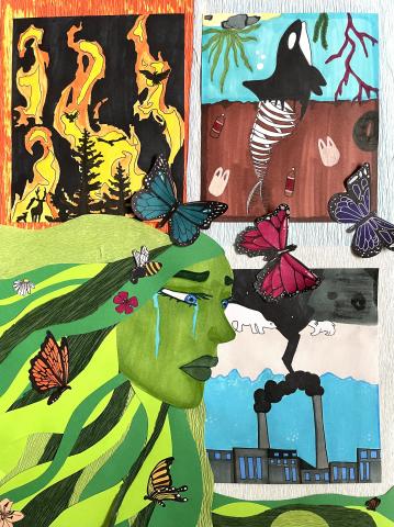 The artwork is divided into four sections: a forest fire, an orca whale trapped in a water spout, a factory emitting smoke with polar bears below, and a green-skinned woman crying as butterflies surround her.