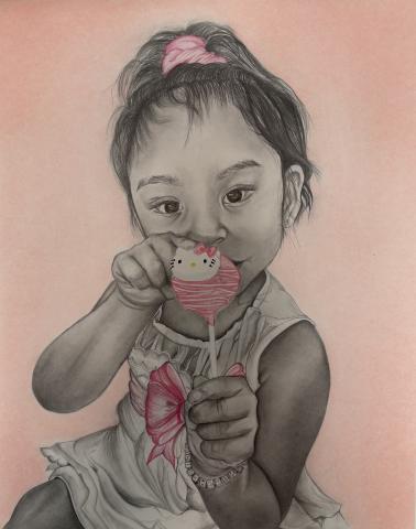 The artwork is a grayscale drawing of a young child holding a lollipop. 