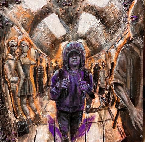 An individual surrounded by reflective walls and people. The perspective is warped.