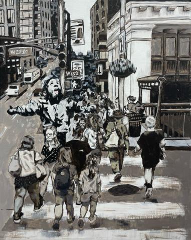 A monochromatic cityscape painting featuring a bustling crowd crossing a street under urban signage. A joyful, expressive figure appears exaggeratedly large and cheerful, contrasting the otherwise ordinary scene