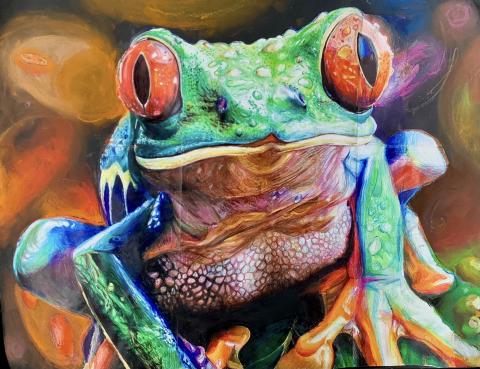 The image shows a vibrant, close-up illustration of a red-eyed tree frog. The frog's large, red eyes dominate its face, while its green body is speckled with blue and yellow hues.
