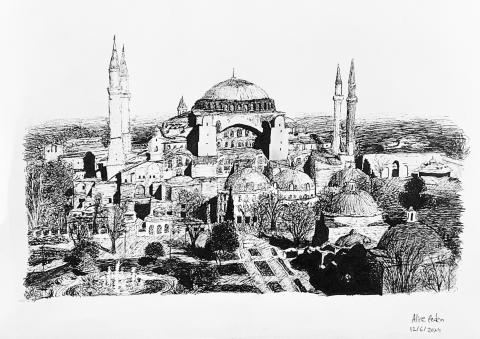 The image shows a detailed black and white ink drawing of the Hagia Sophia, an iconic historical structure in Istanbul, Turkey. The drawing captures the grand dome and minarets of the building, surrounded by smaller domes and architectural elements.