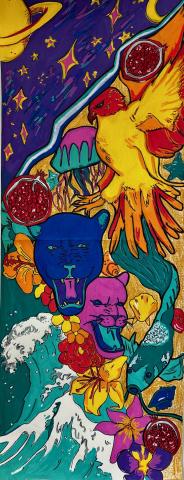 a yellow bird with red wings and head, flying above a blue panther and a purple panther. The bird is surrounded by pomegranates and stars. Below the panthers, there are colorful flowers, waves of water, and a green fish. The background includes elements like planets and abstract shapes in bright colors