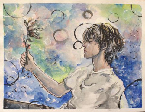 A painting of a person holding a flower. The background is an abstract mix of colors, including blue, green, and yellow, with circular patterns scattered throughout.