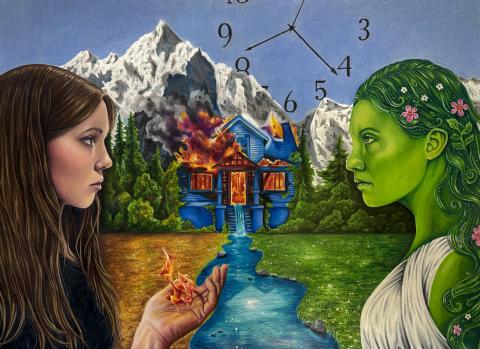 The figure on the left has long brown hair and holds a small flame in an outstretched hand. The figure on the right has green skin and hair adorned with flowers. In the background, a blue house is engulfed in flames, situated between a lush green field and a river that flows from the house towards the viewer. Snow-capped mountains rise behind the house, and an abstract clock with scattered numbers floats above