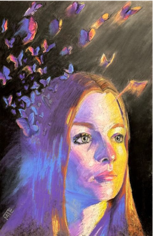A pastel drawing of a young woman with a blurred image of butterflies flying from her head