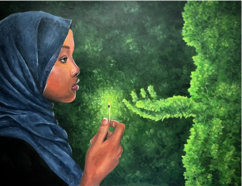 A painting of a young woman holding a match facing a green hedge stretching out its hand