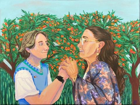 An acrylic painting of a young man holding hands with his aunt in front of an apple orchard