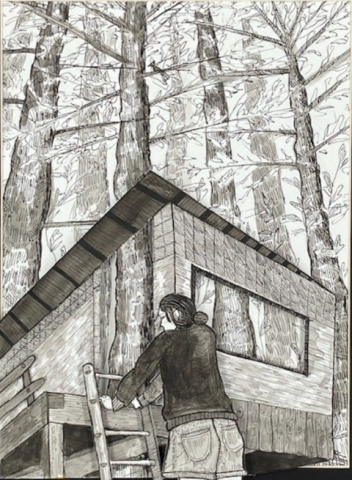 A pen and ink drawing of a girl climbing on a ladder to a treehouse in the woods