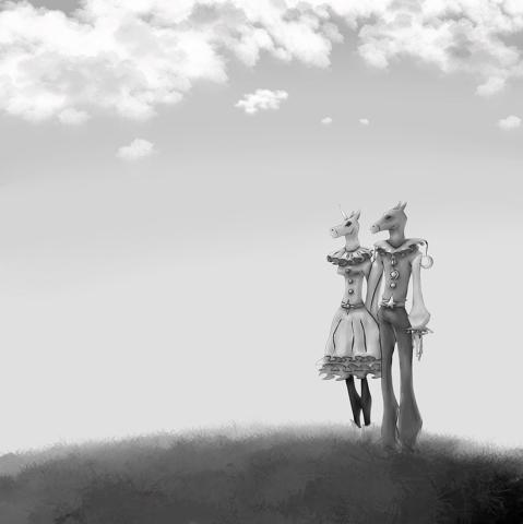 A Digital Art piece showing two human horse headed figures holding hands with a cloudy sky in the background