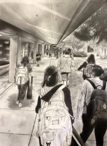 A graphite picture of students walking into school
