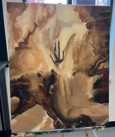 An oil painting of the artist falling to illustrate a fear of being consumed by thoughts