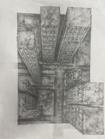 a graphite drawing of buildings from the top perspective looking down