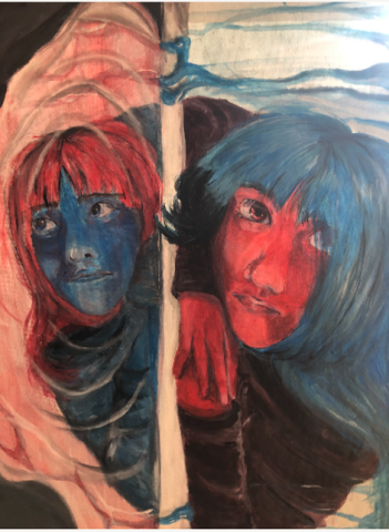An acrylic painting of two girls in a mirror image with red/blue hair and red/blue faces.