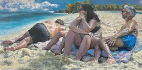 This painting features four individuals laying on a sandy beach looking at the water clearly enjoying their surroundings. 