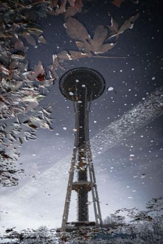 A digital photograph of the space needle against a grey sky with 3D items to frame it. 