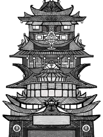 A black and white digital drawing of an elaborate roofed building