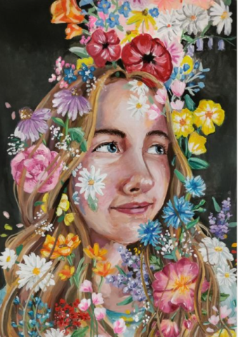 A gouache painting of a young girl's face surrounded by vibrant, colorful flowers. 
