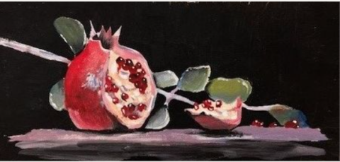 An acrylic painting of a still-life image of a pomegranate split in half against a black background 