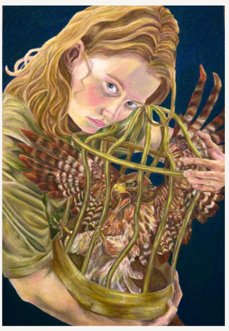 Oil Pastel drawing of a young girl cradling a cage with a trapped bird inside 