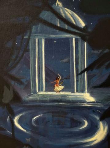 An acrylic painting of a person inside a lantern in the night sky. 