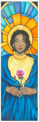 A self portrait in acrylic on canvas similar in style to the religious stained glass of Mary. 