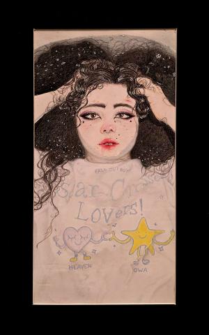 Drawing of a girl fully clothed in a bathtub full of water clutching her head with a blank expression on her face and a shirt that reads "scar crossed lovers!"